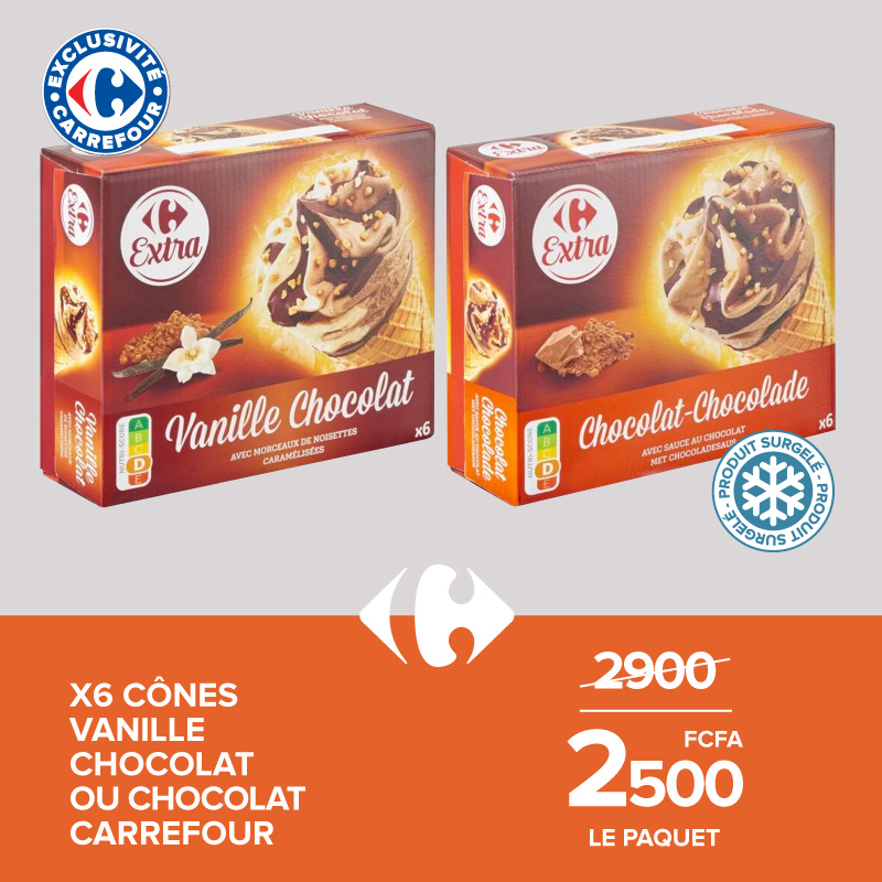 X6 CÔNES VANILLE CHOCOLAT OU CHOCOLAT CARREFOUR
